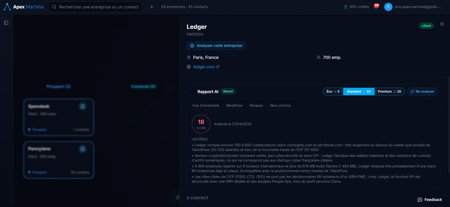 B2B prospecting mindmap zoomed on a sector with a company detail panel open